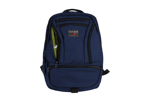 Blue backpack with visible brand logo on a white background